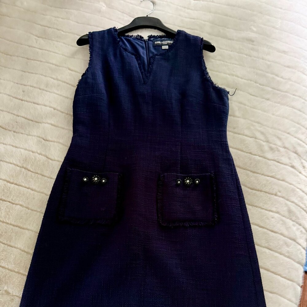 Karl Lagerfeld navy sleeveless dress, fringe edging  and button adorned pockets